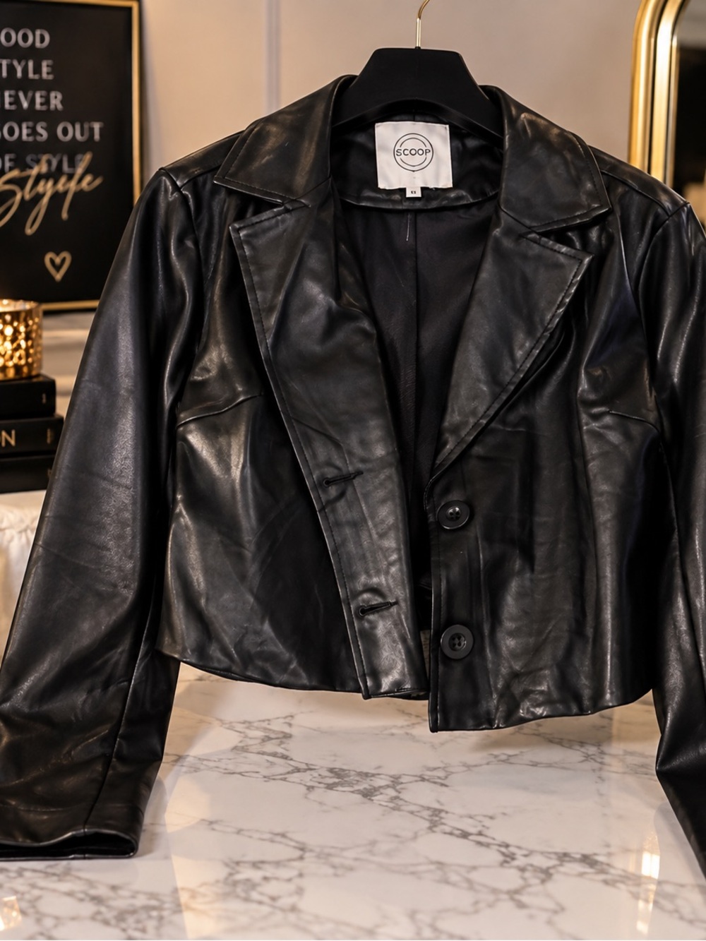 Stoosh Black Cropped Faux-Leather Blazer Jacket